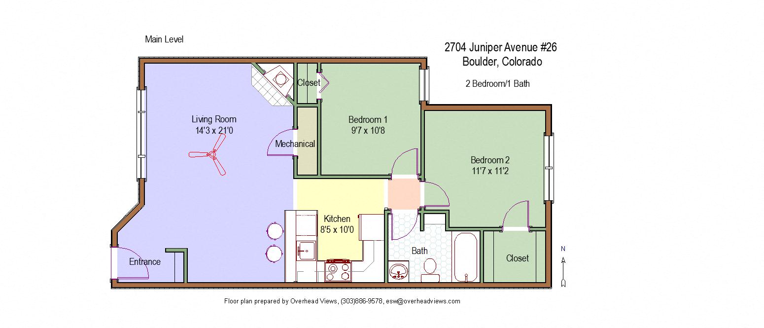 Floor plan for 2 beds, 1 bath, 900 sqft